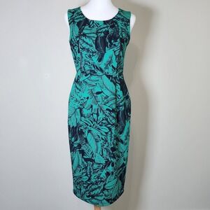 KALIJATI Dress Womens 10 Tropical Print Beachy Hawaiian Leaves Green Navy Sheath